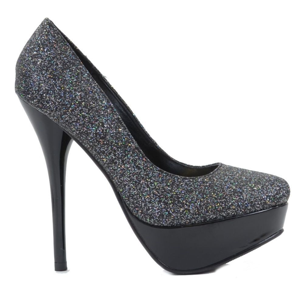 NEW Black Glitter Round Toe Platform‎ Stiletto Heel Pumps